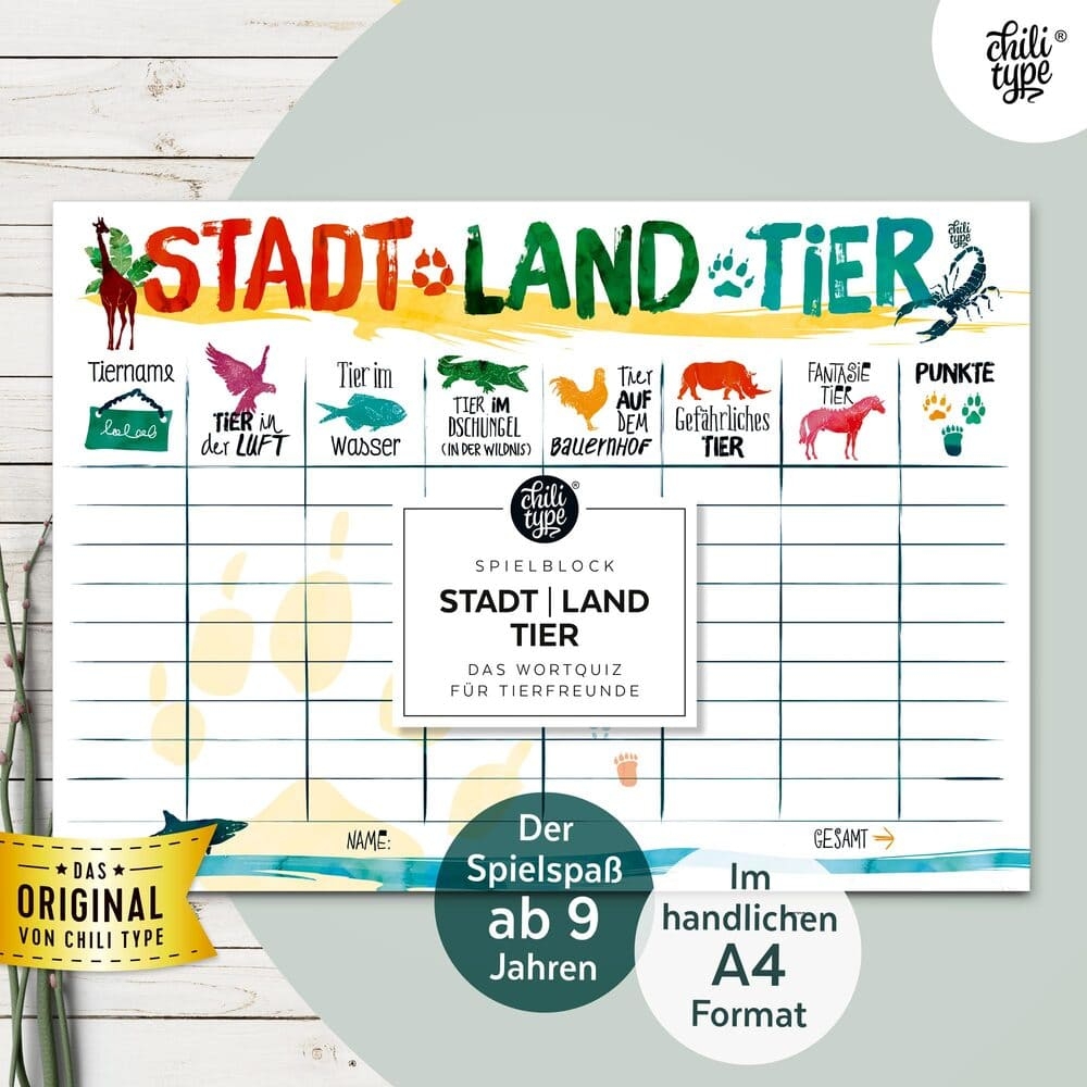 Lustiges Familienspiel | Stadt-Land-Fluss Tier | chili type